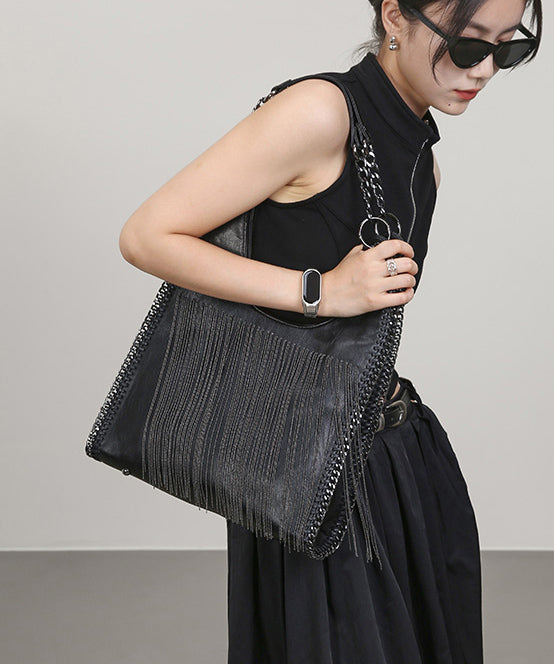 Stylish Black Tassel Faux Leather Large Capacity Shoulder Bag