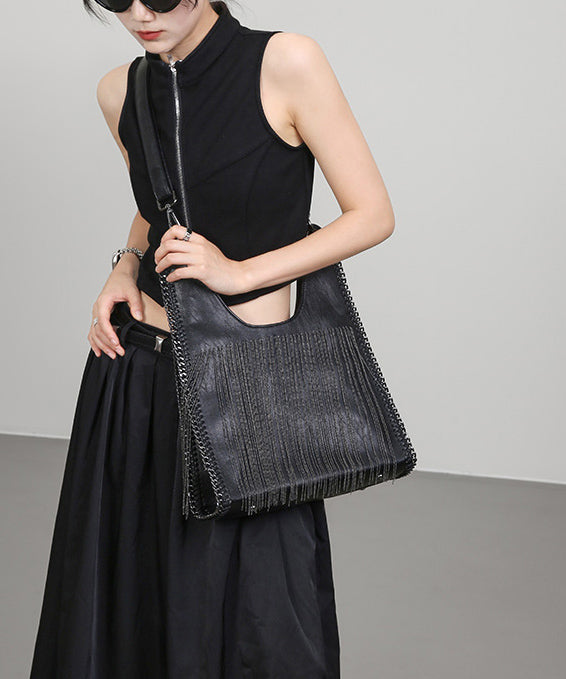 Stylish Black Tassel Faux Leather Large Capacity Shoulder Bag