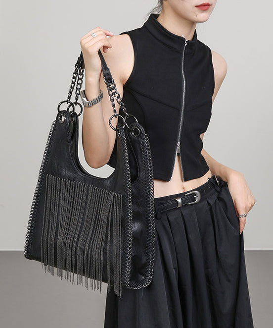 Stylish Black Tasseled Chain Linked Faux Leather Flap Bag