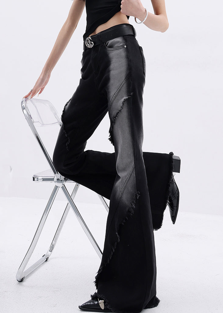 Stylish Black Tasseled Pockets Patchwork Denim Flared Trousers Fall