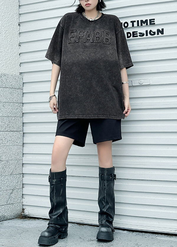 Stylish Black Tie Dye O Neck Print Cotton Top Summer