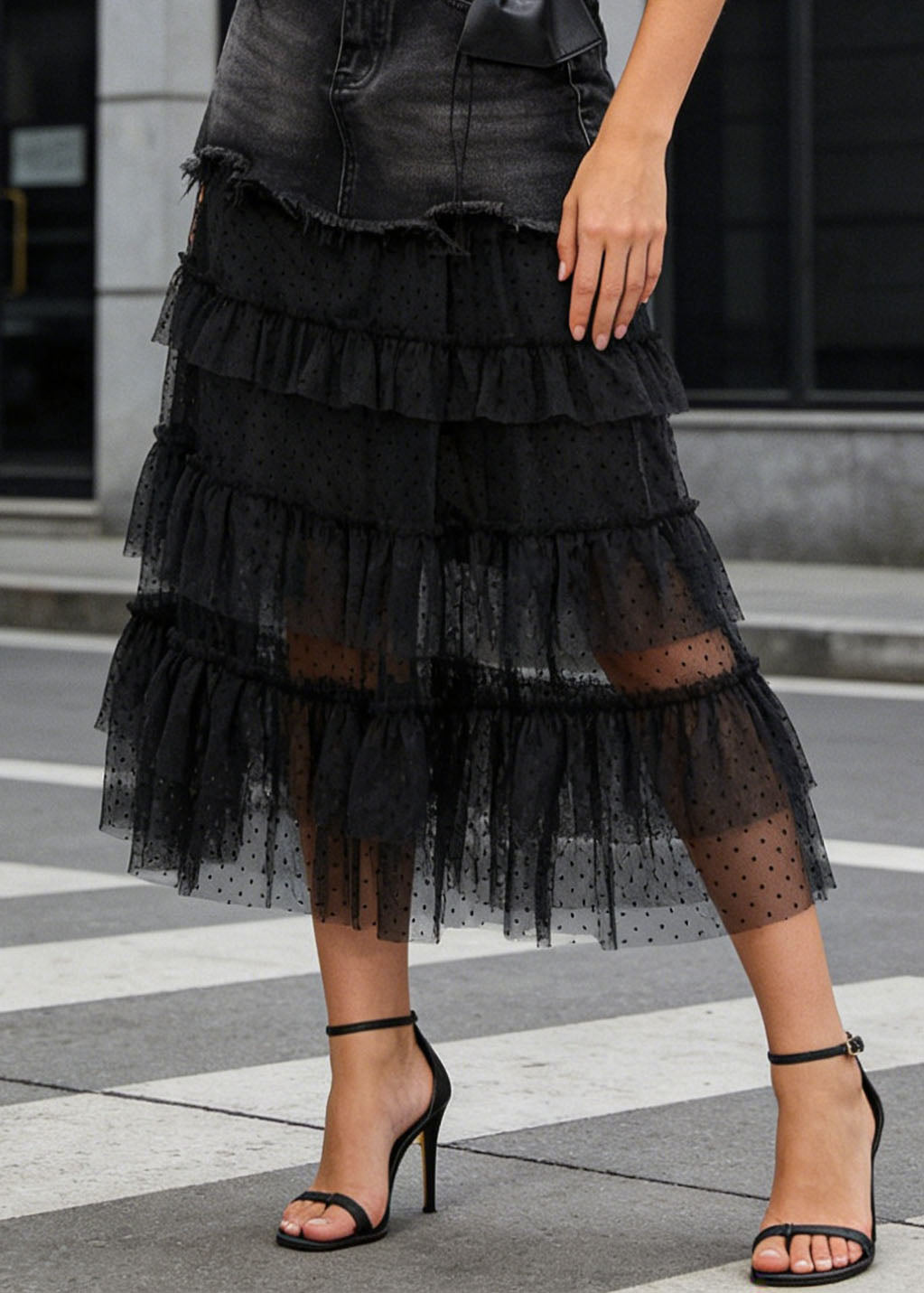 Stylish Black Tulle Ruffled Patchwork Denim Skirt Summer - Omychic
