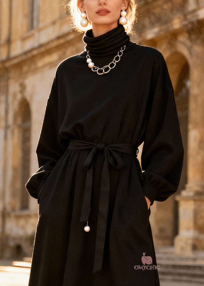 Stylish Black Turtleneck Lace Patchwork Long Dress Spring