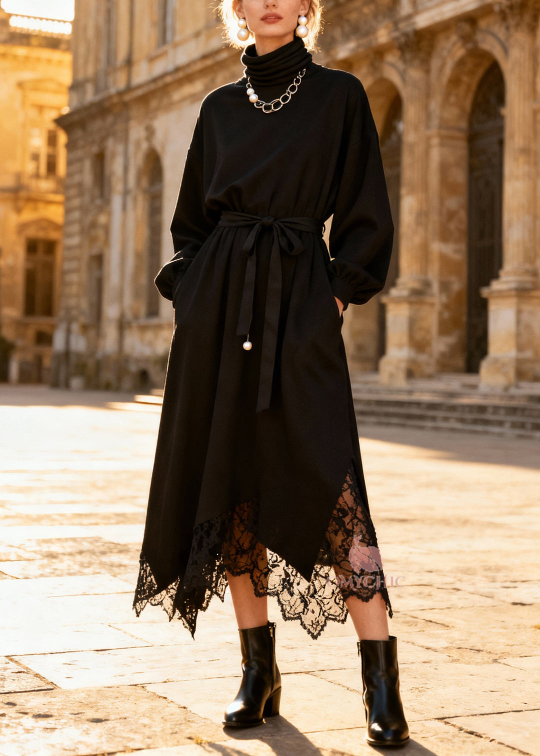 Stylish Black Turtleneck Lace Patchwork Long Dress Spring