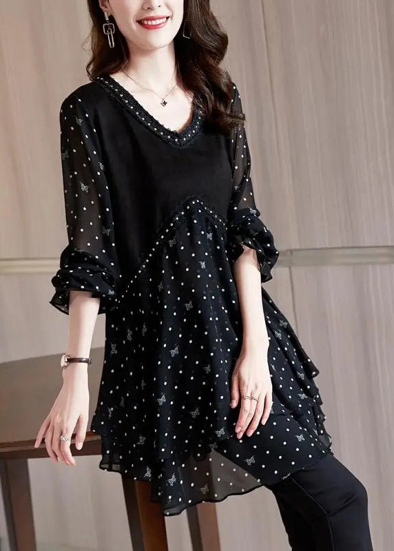 Stylish Black V Neck Dot Print Patchwork Chiffon Shirt Flare Sleeve