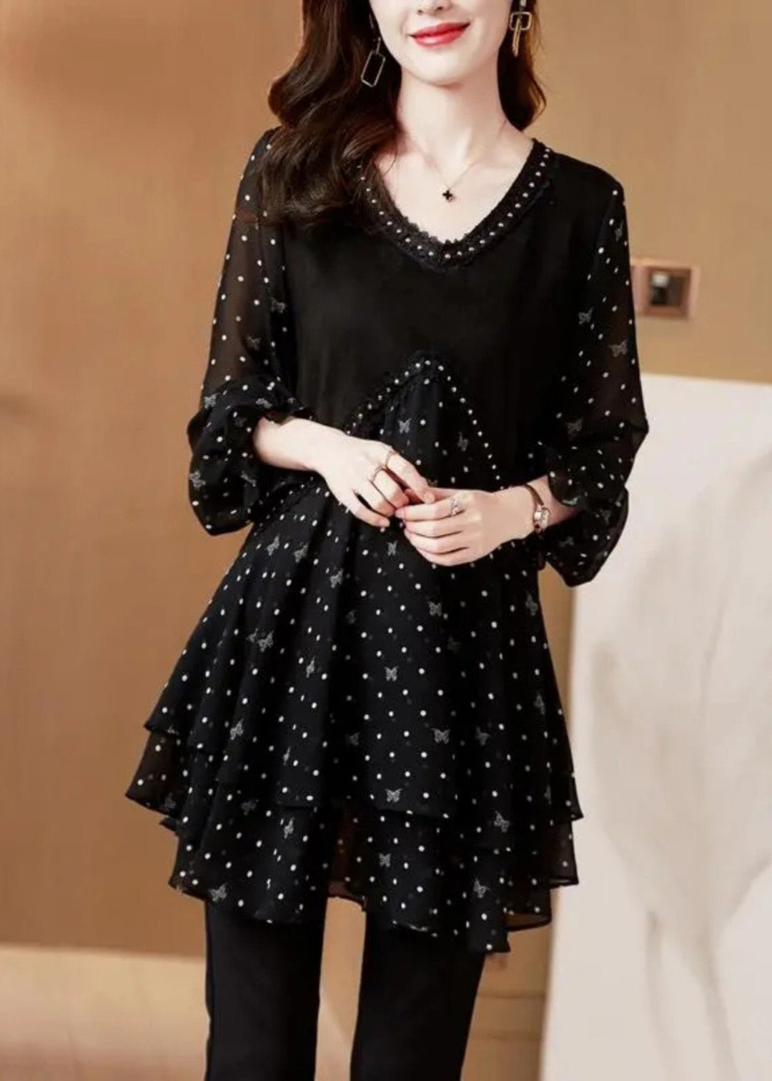 Stylish Black V Neck Dot Print Patchwork Chiffon Shirt Flare Sleeve