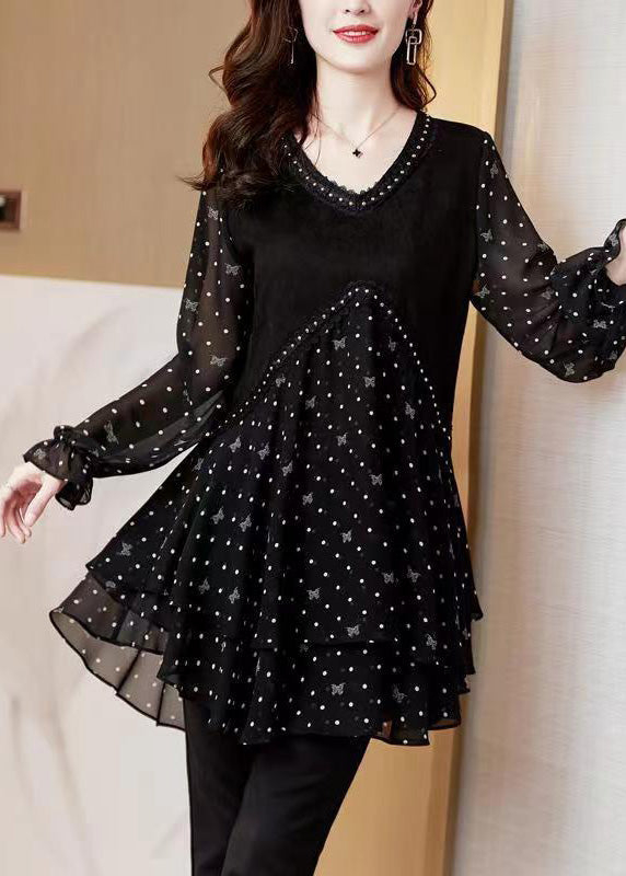 Stylish Black V Neck Dot Print Patchwork Chiffon Shirt Flare Sleeve