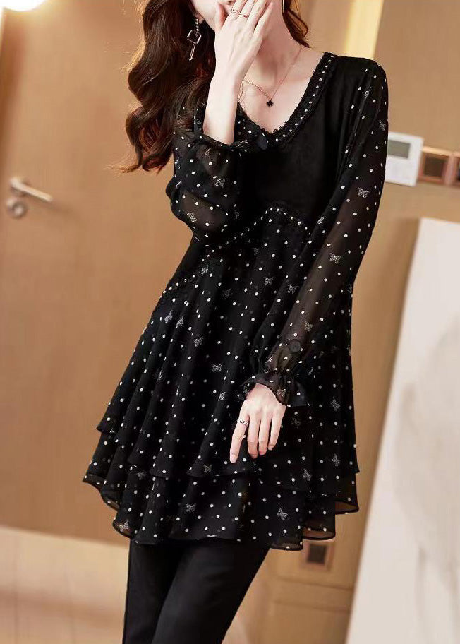 Stylish Black V Neck Dot Print Patchwork Chiffon Shirt Flare Sleeve