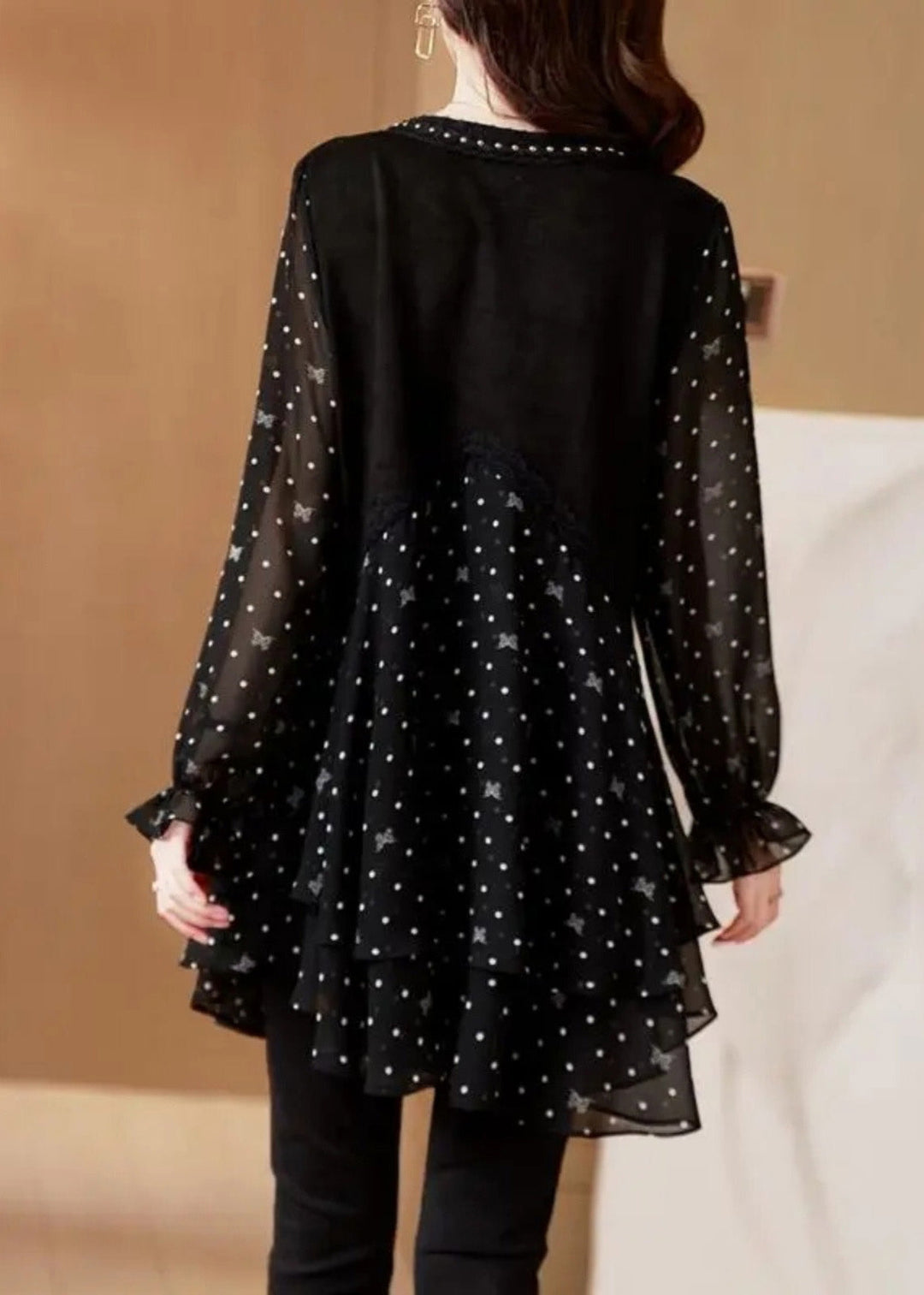 Stylish Black V Neck Dot Print Patchwork Chiffon Shirt Flare Sleeve