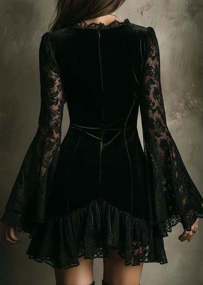 Stylish Black V Neck Lace Patchwork Velvet Mini Dress Fall