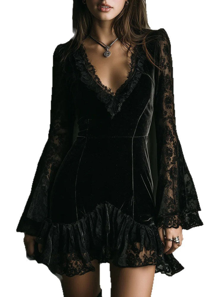 Stylish Black V Neck Lace Patchwork Velvet Mini Dress Fall