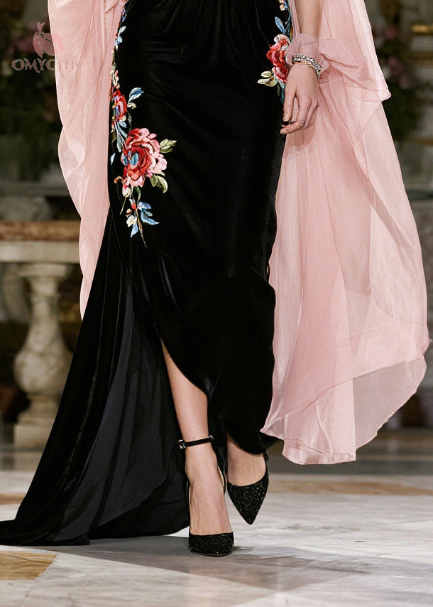 Stylish Black V Neck Patchwork Silk Velvet Party Dresses Cloak Sleeves