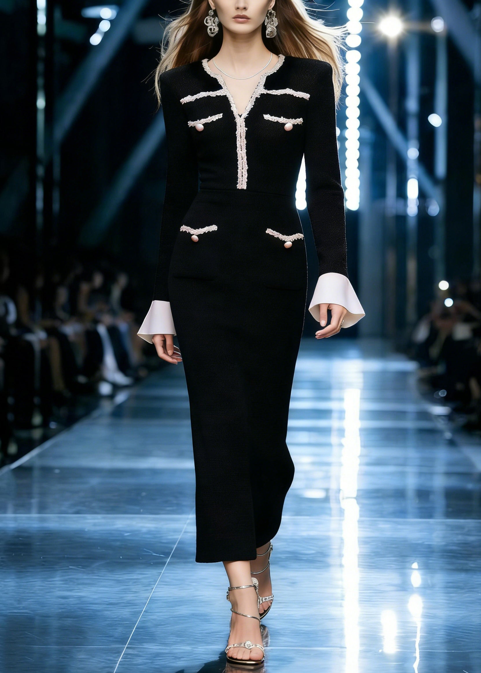 Stylish Black V Neck Pockets Patchwork Cotton Long Dresses Flare Sleeve - Omychic