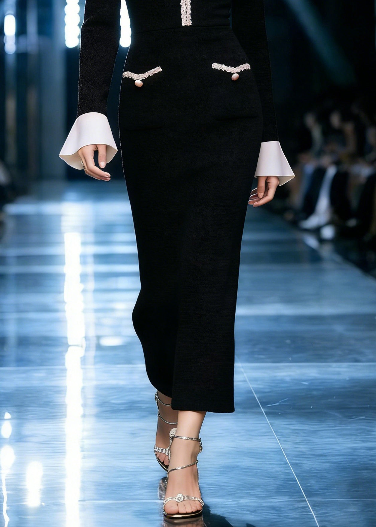 Stylish Black V Neck Pockets Patchwork Cotton Long Dresses Flare Sleeve - Omychic