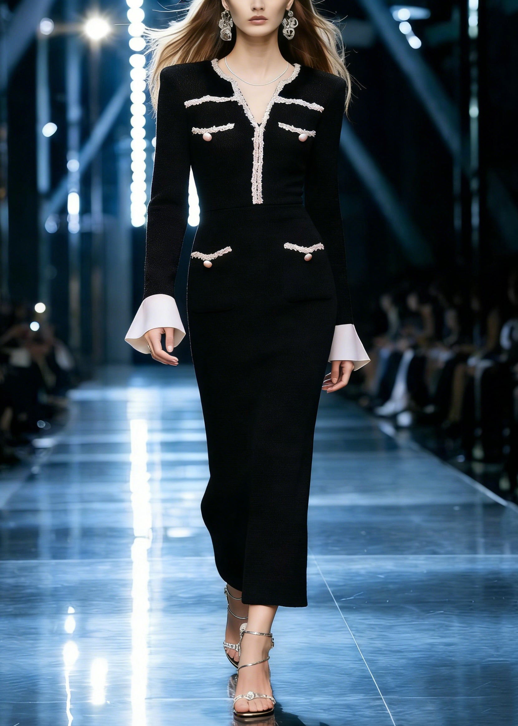 Stylish Black V Neck Pockets Patchwork Cotton Long Dresses Flare Sleeve - Omychic