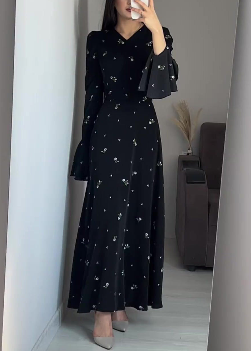 Stylish Black V Neck Print Cotton Maxi Dresses Butterfly Sleeve