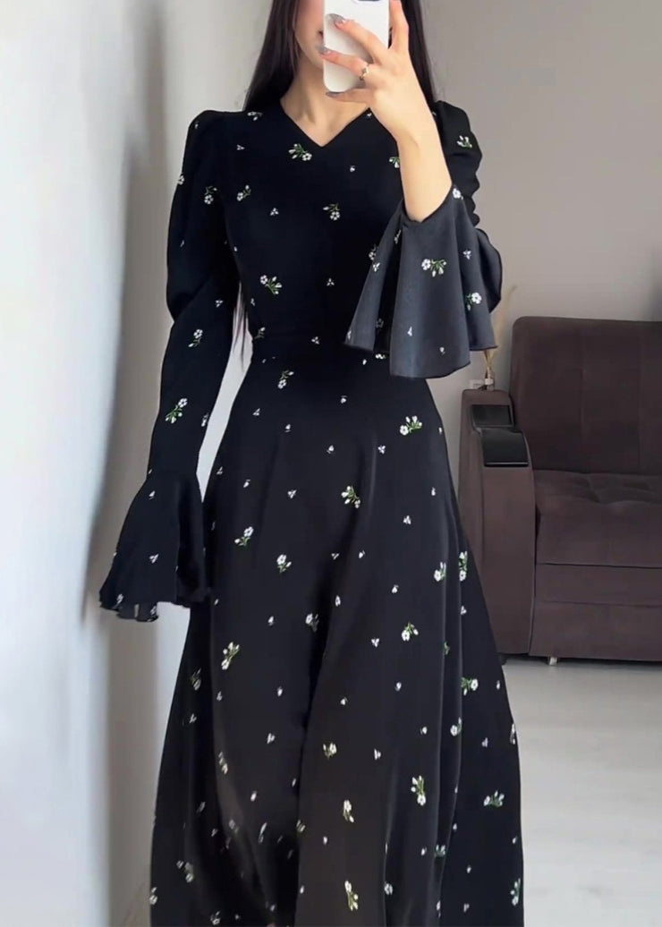 Stylish Black V Neck Print Cotton Maxi Dresses Butterfly Sleeve