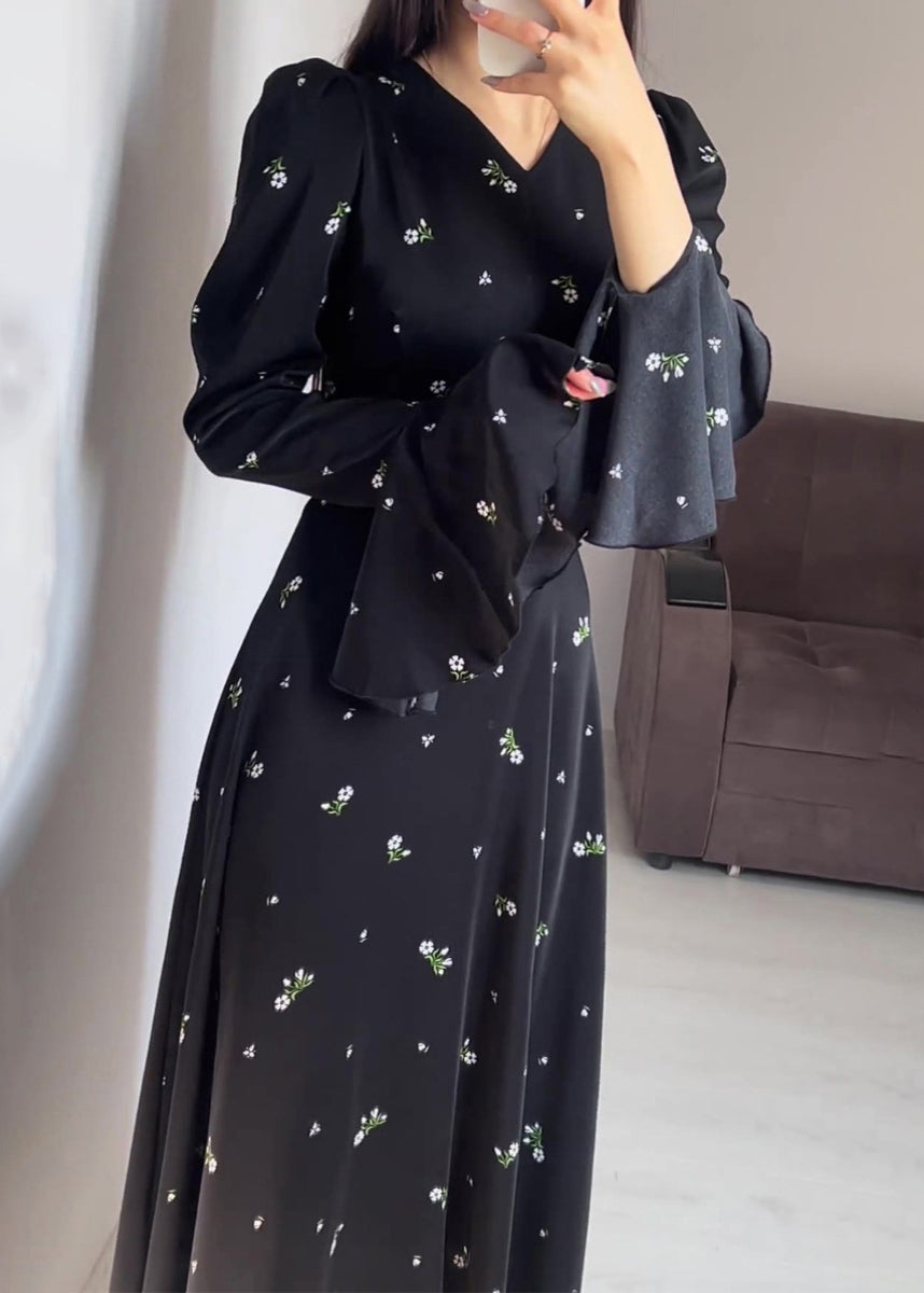 Stylish Black V Neck Print Cotton Maxi Dresses Butterfly Sleeve