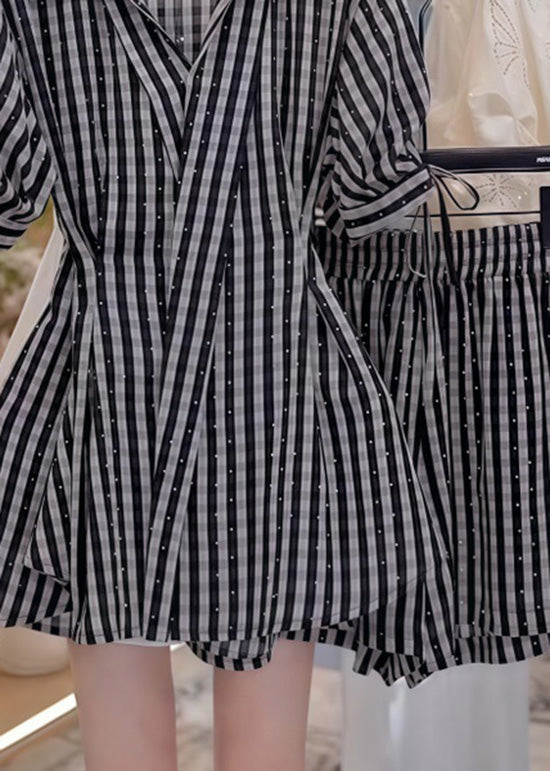 Stylish Black V Neck Striped Cotton Two Pieces Set Summer