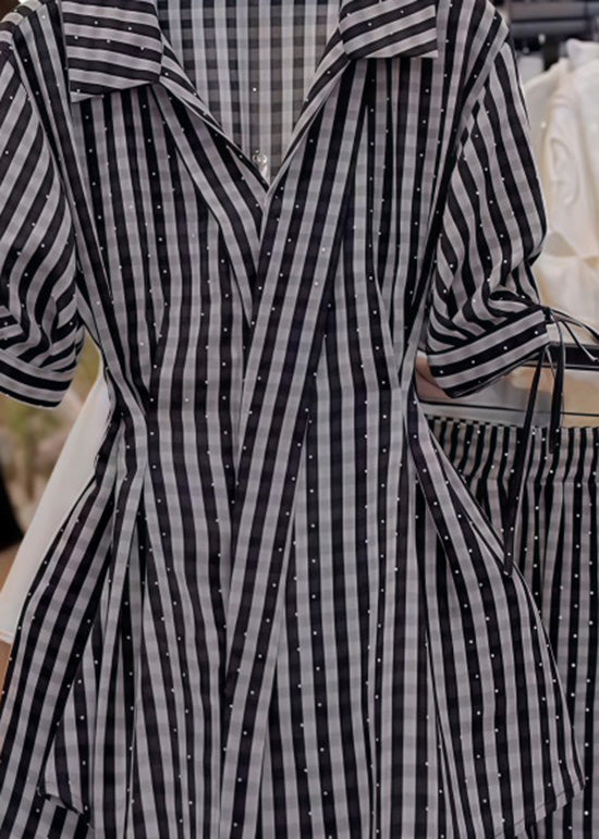 Stylish Black V Neck Striped Cotton Two Pieces Set Summer