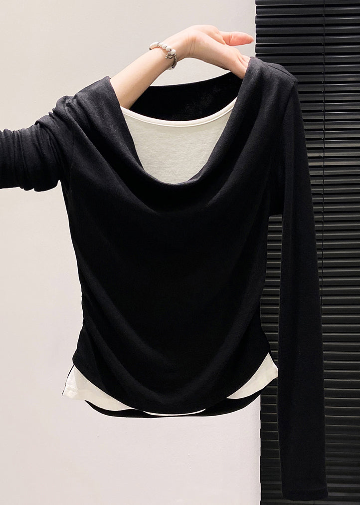 Stylish Black Wrinkled Cotton Fake Two Piece Tops Fall