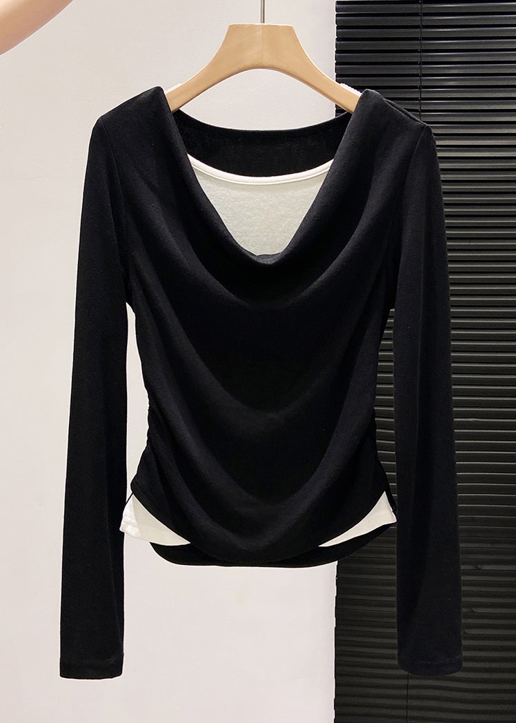 Stylish Black Wrinkled Cotton Fake Two Piece Tops Fall