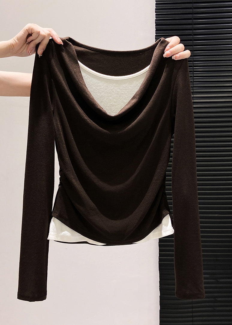 Stylish Black Wrinkled Cotton Fake Two Piece Tops Fall