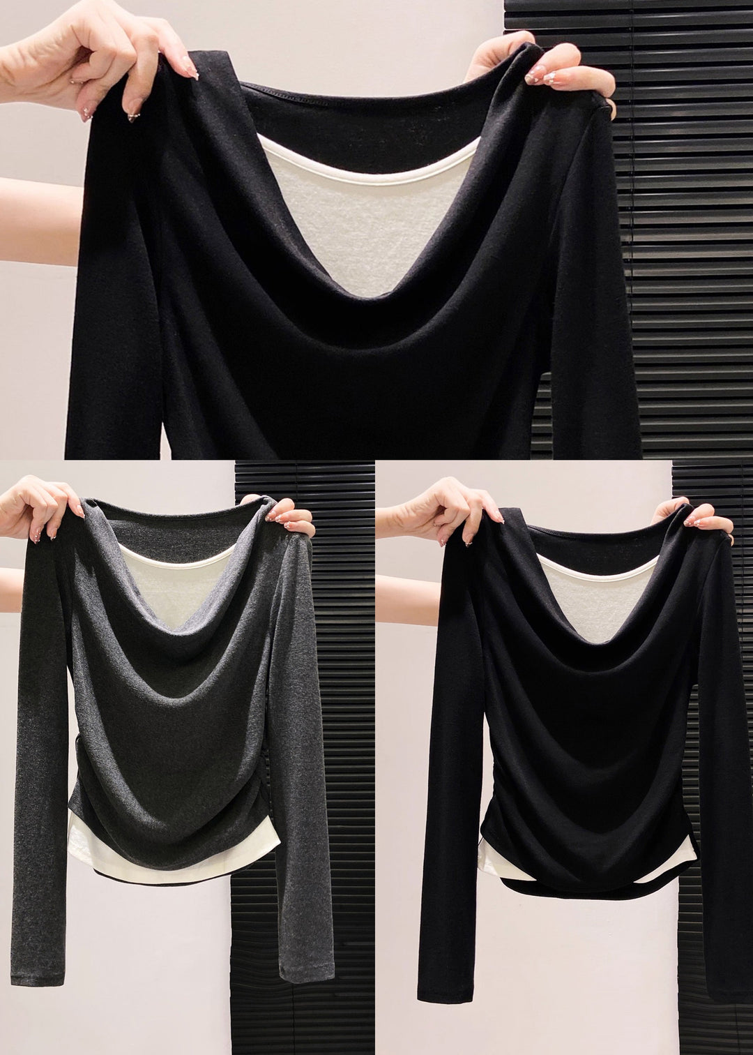 Stylish Black Wrinkled Cotton Fake Two Piece Tops Fall