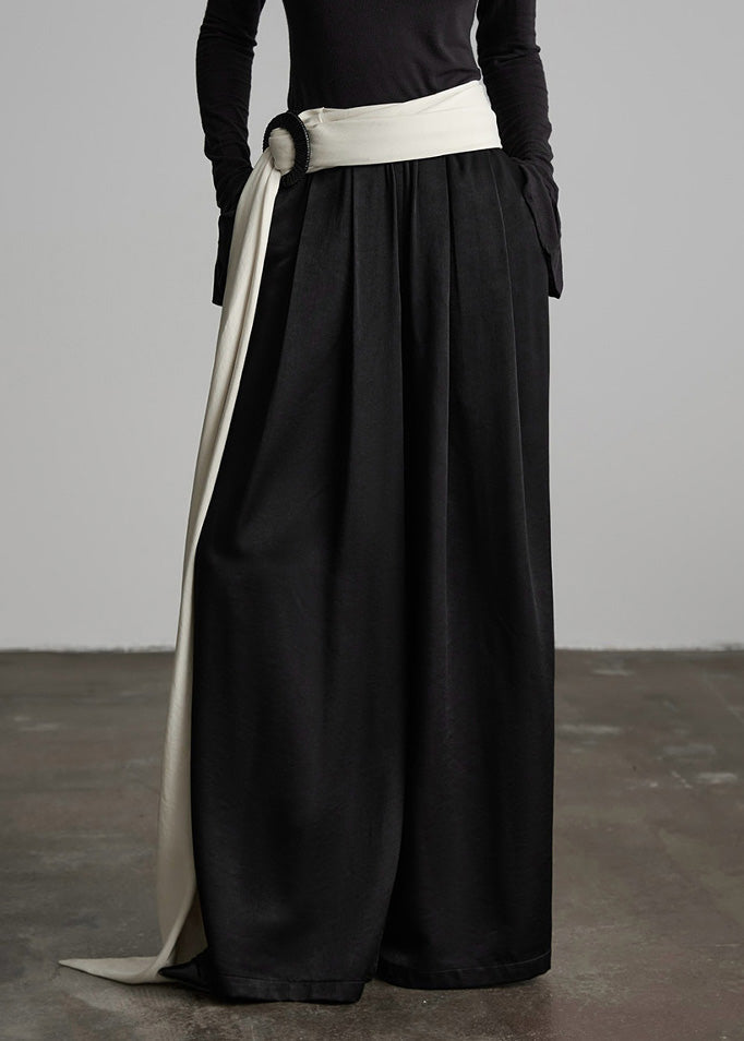 Stylish Black Wrinkled Elastic Waist Silk Pants Fall