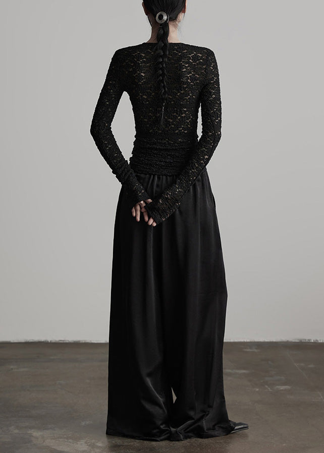 Stylish Black Wrinkled Elastic Waist Silk Pants Fall