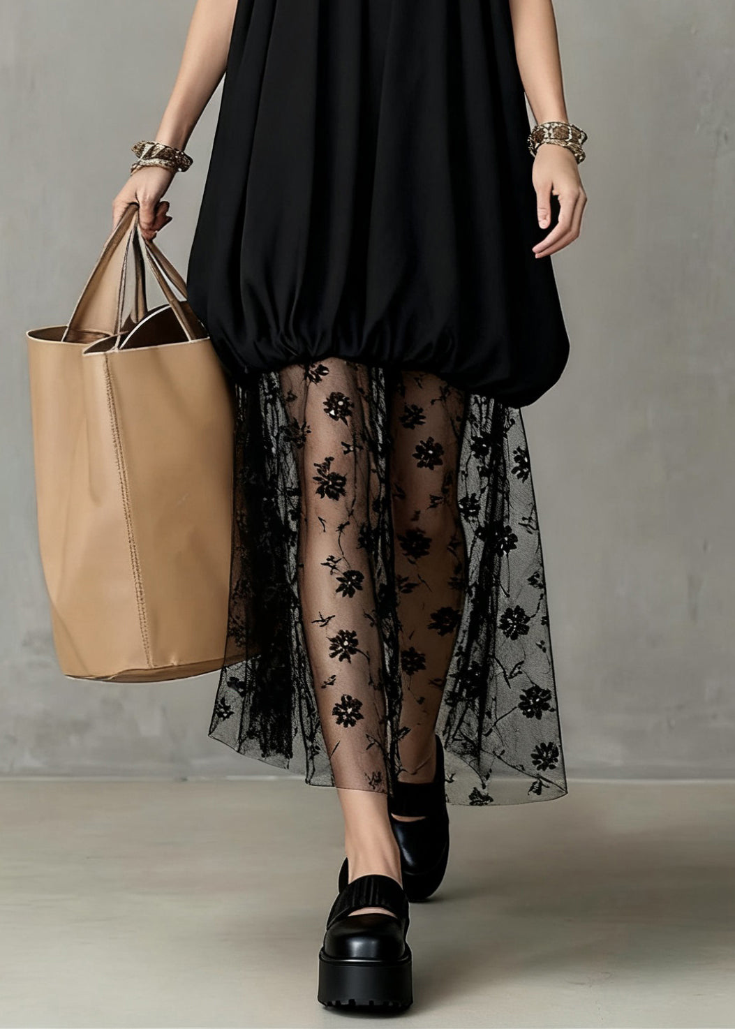 Stylish Black Wrinkled Lace Tulle Patchwork Dress Sleeveless