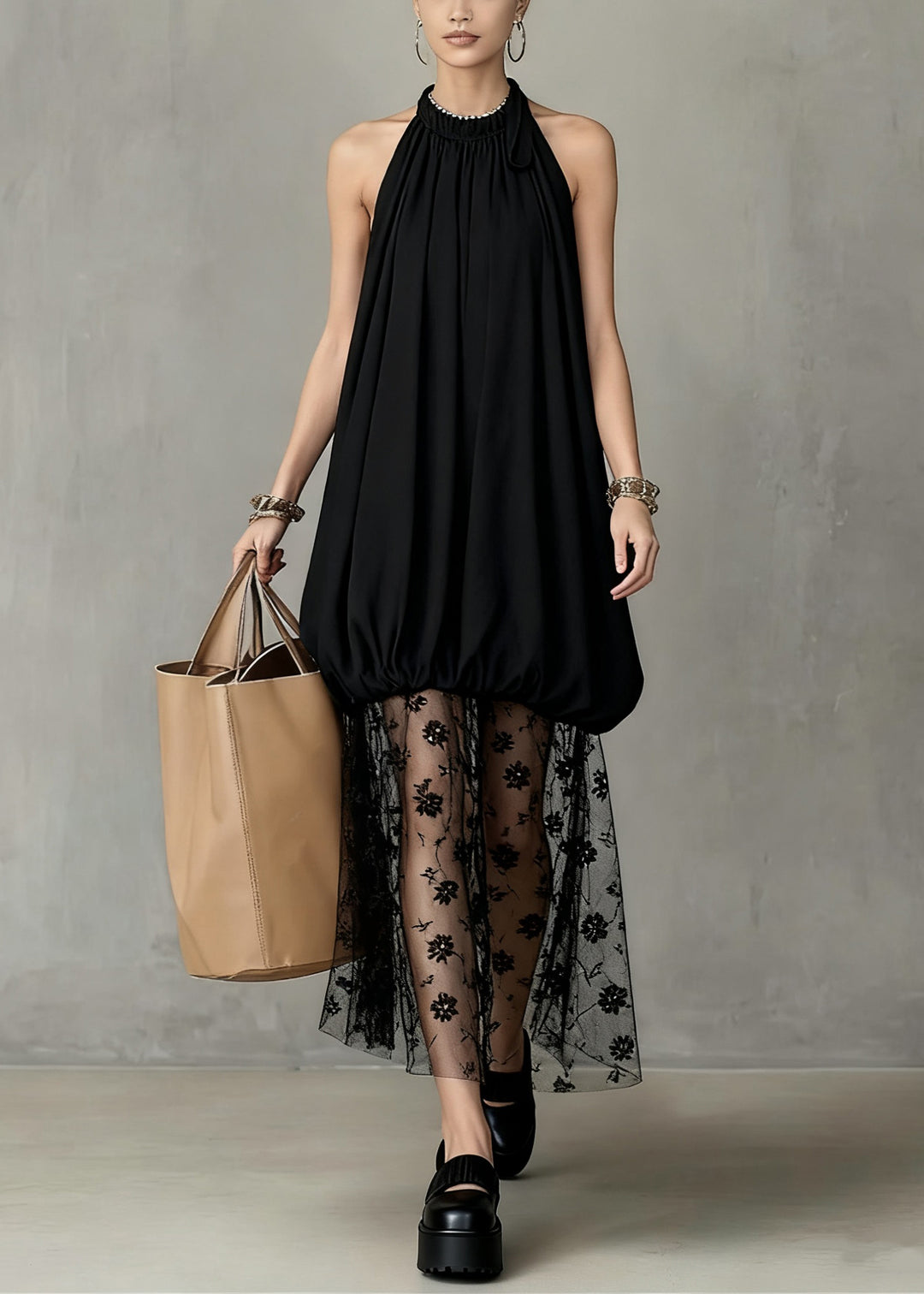 Stylish Black Wrinkled Lace Tulle Patchwork Dress Sleeveless