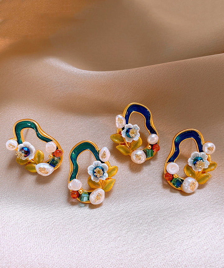 Stylish Blackish Green Copper Overgild Pearl Floral Stud Earrings