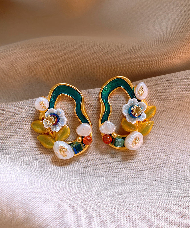 Stylish Blackish Green Copper Overgild Pearl Floral Stud Earrings