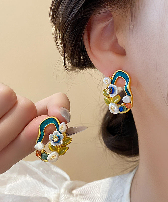 Stylish Blackish Green Copper Overgild Pearl Floral Stud Earrings