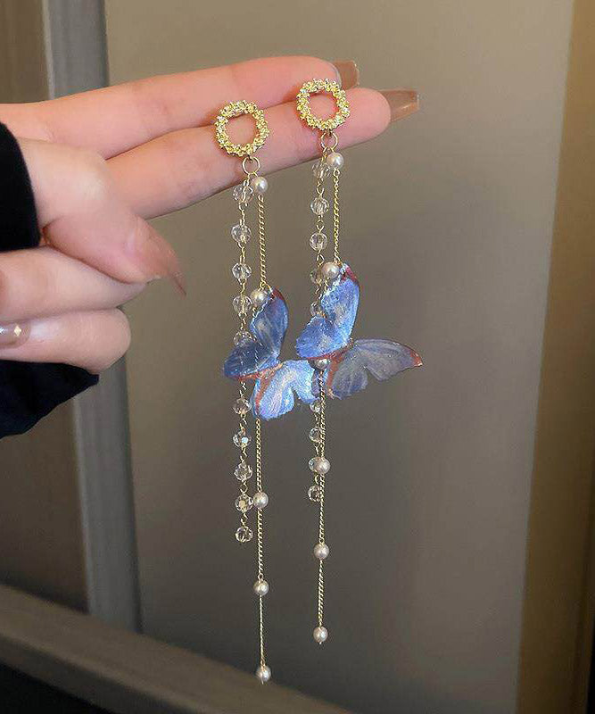 Stylish Blue Acrylic Crystal Butterfly Tassel Drop Earrings