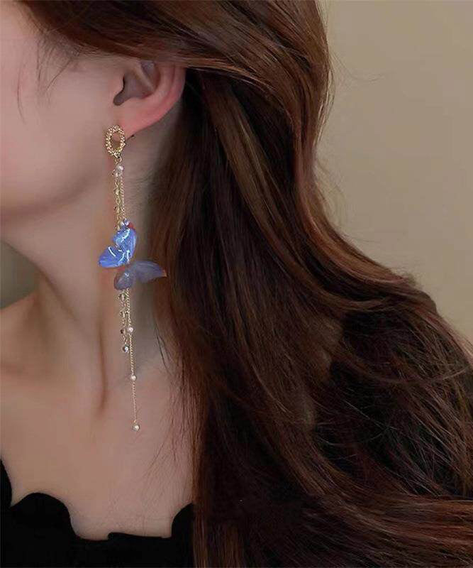 Stylish Blue Acrylic Crystal Butterfly Tassel Drop Earrings