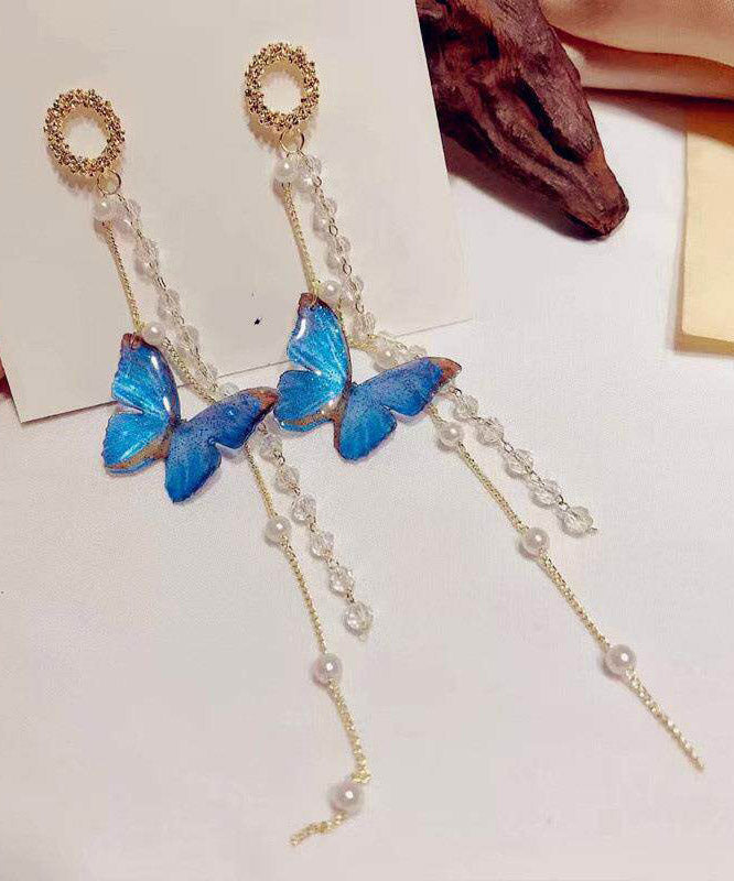 Stylish Blue Acrylic Crystal Butterfly Tassel Drop Earrings
