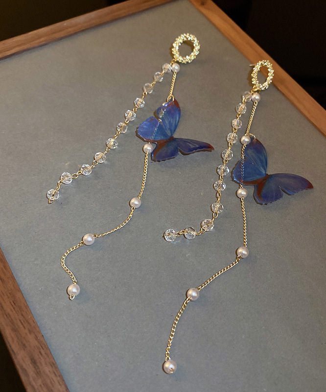 Stylish Blue Acrylic Crystal Butterfly Tassel Drop Earrings