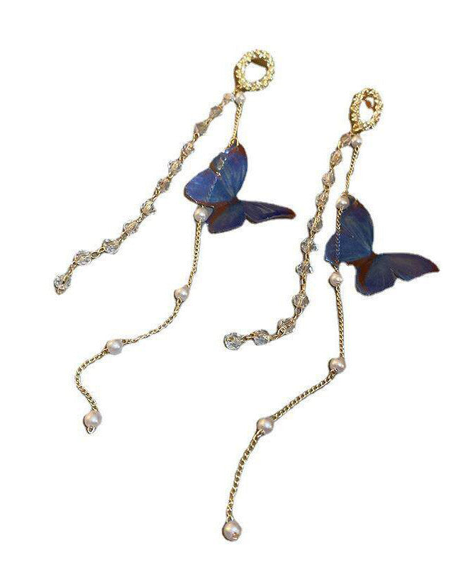 Stylish Blue Acrylic Crystal Butterfly Tassel Drop Earrings