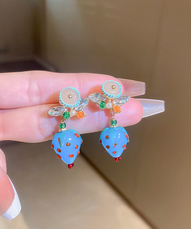 Stylish Blue Alloy Zircon Coloured Glaze Strawberry Drop Earrings