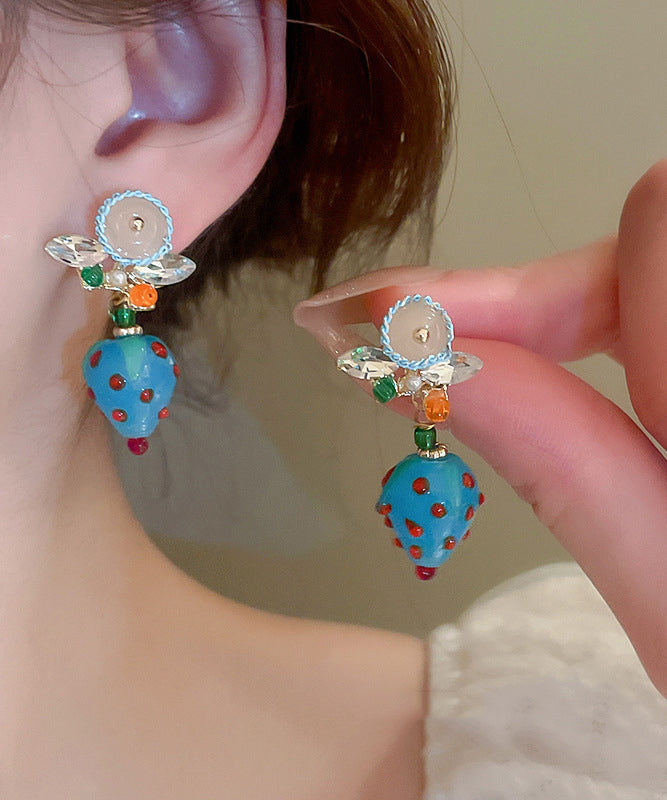 Stylish Blue Alloy Zircon Coloured Glaze Strawberry Drop Earrings