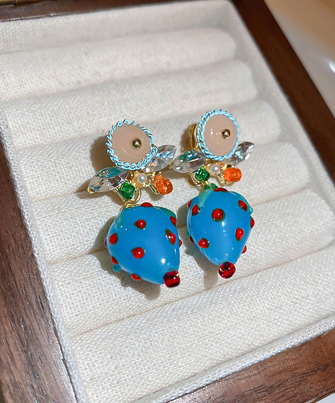 Stylish Blue Alloy Zircon Coloured Glaze Strawberry Drop Earrings
