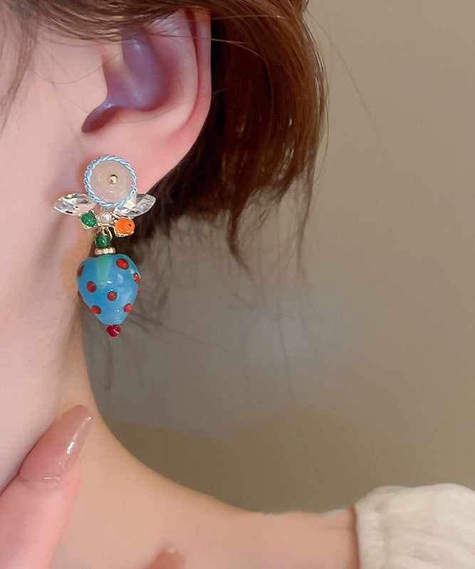 Stylish Blue Alloy Zircon Coloured Glaze Strawberry Drop Earrings
