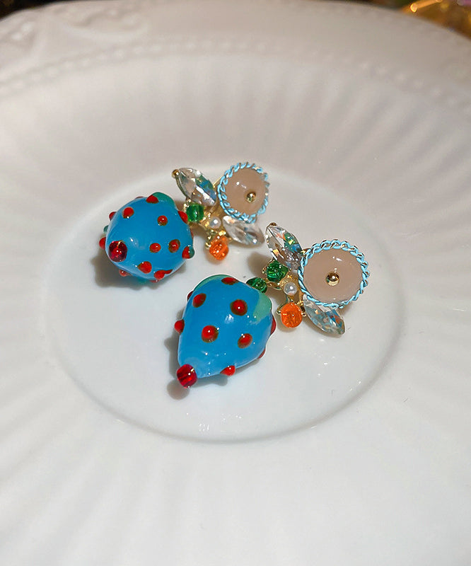 Stylish Blue Alloy Zircon Coloured Glaze Strawberry Drop Earrings