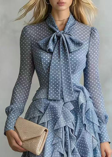 Stylish Blue Bow Print Ruffles Chiffon Long Dress Spring