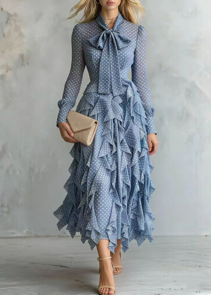 Stylish Blue Bow Print Ruffles Chiffon Long Dress Spring