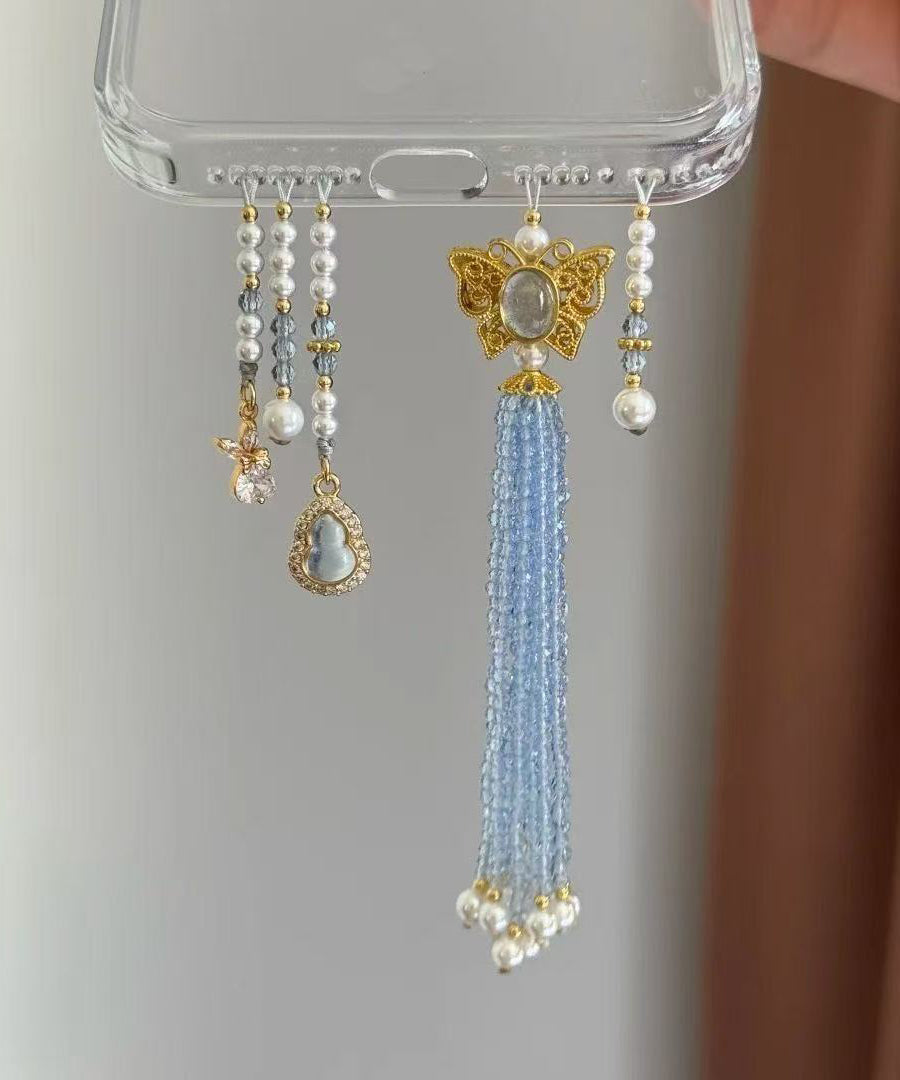 Stylish Blue Butterfly Gourd Imitation Pearl Tassel Beading Phone Chains