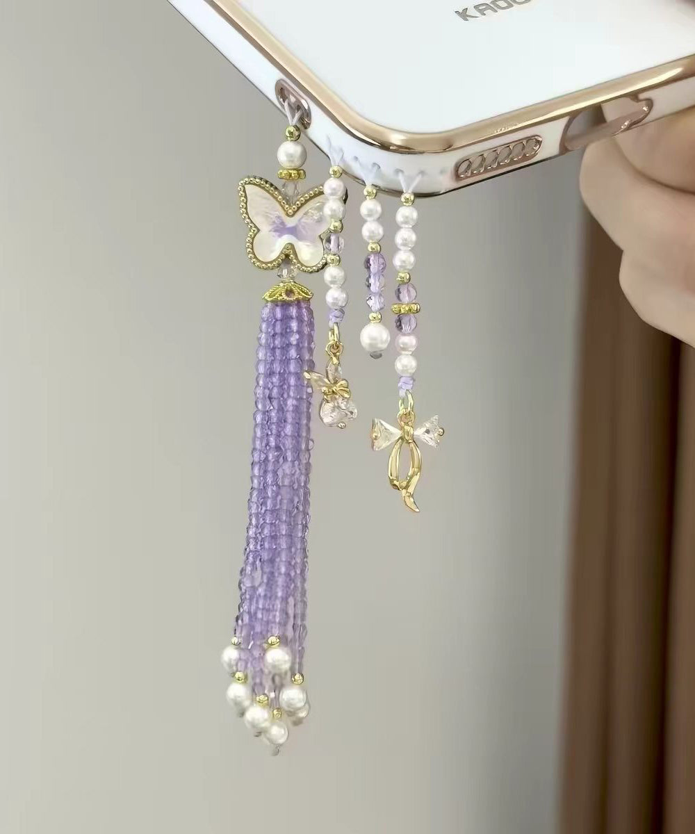Stylish Blue Butterfly Gourd Imitation Pearl Tassel Beading Phone Chains