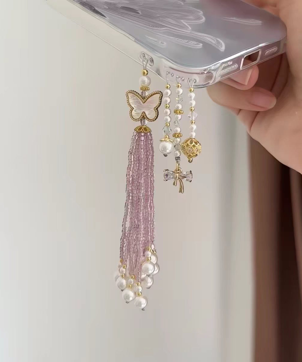 Stylish Blue Butterfly Gourd Imitation Pearl Tassel Beading Phone Chains